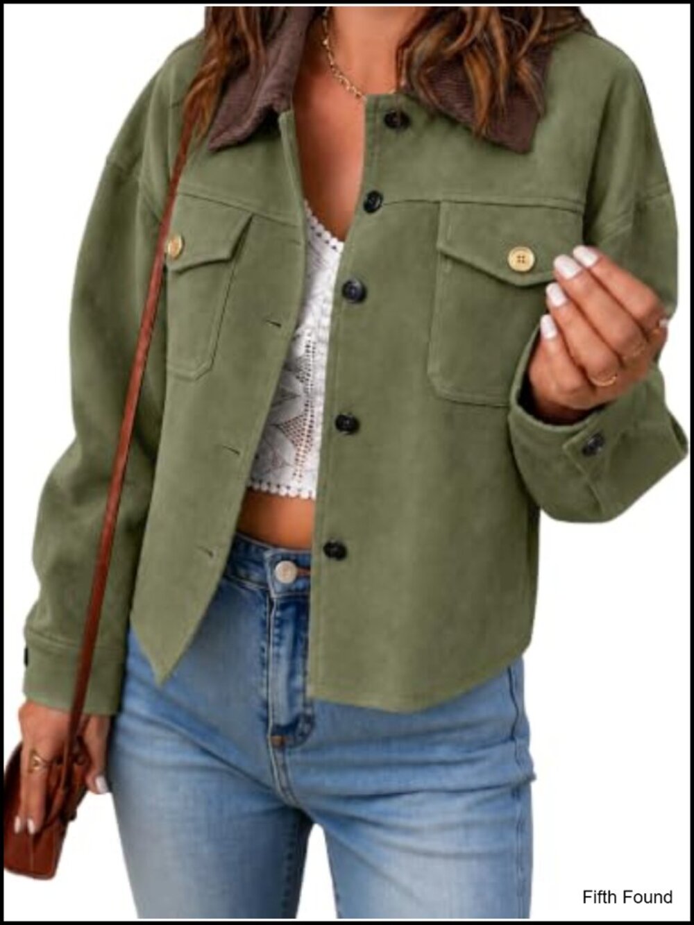Faux Suede Jacket Button Down Contrast Collar Shacket